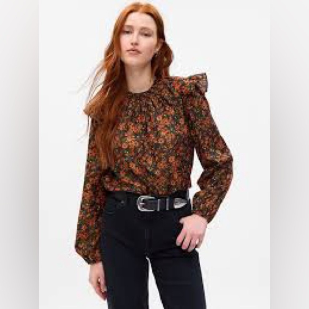 GAP Black and Orange Ruffle Shirt Floral Top